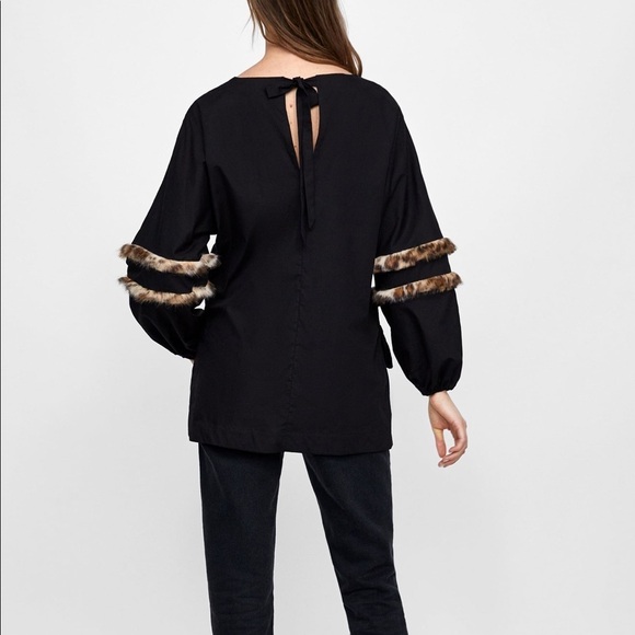 ZARA Poplin Top with Faux Fur Sleeve Detail - Picture 6 of 8